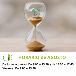 Reloj de arena informando del horario de agosto 2025 de Matas Ramis SA